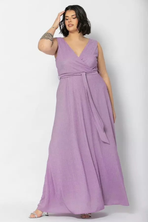Maxi κρουαζέ φόρεμα με glitter σε λιλά χρώμα 1xl 2xl 3xl 4xl 5xl 