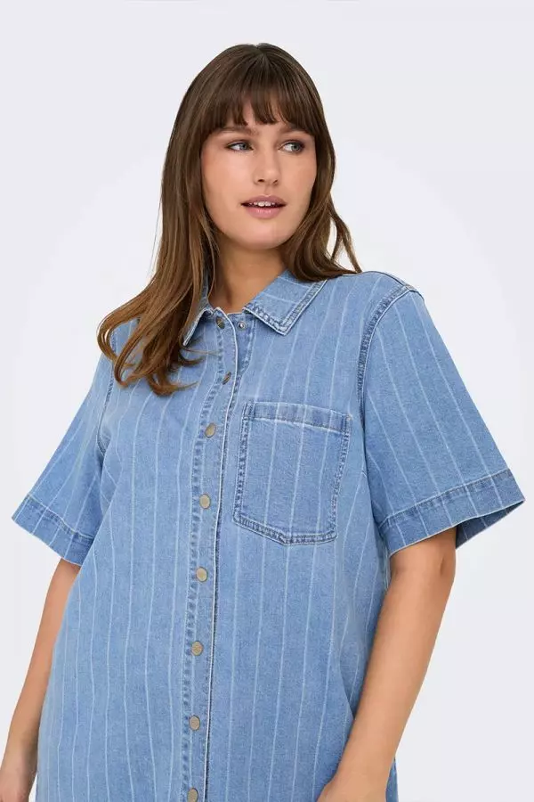 Denim ριγέ φόρεμα με τσέπη σε denim light blue χρώμα
