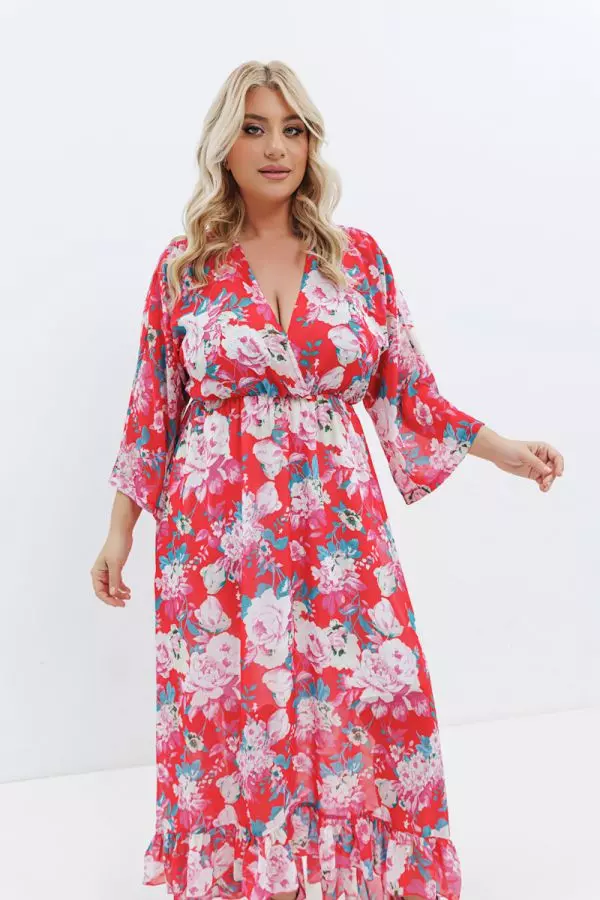 Hi-lo κρουαζέ floral φόρεμα με βολάν σε κοραλλί χρώμα