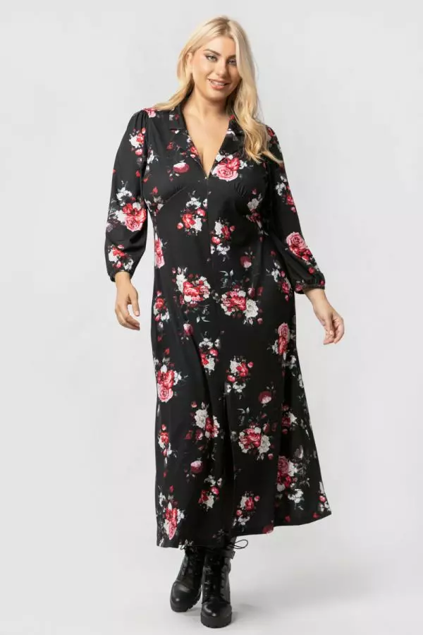Midi floral φόρεμα με άνοιγμα μπροστά σε μαύρο/κόκκινο χρώμα