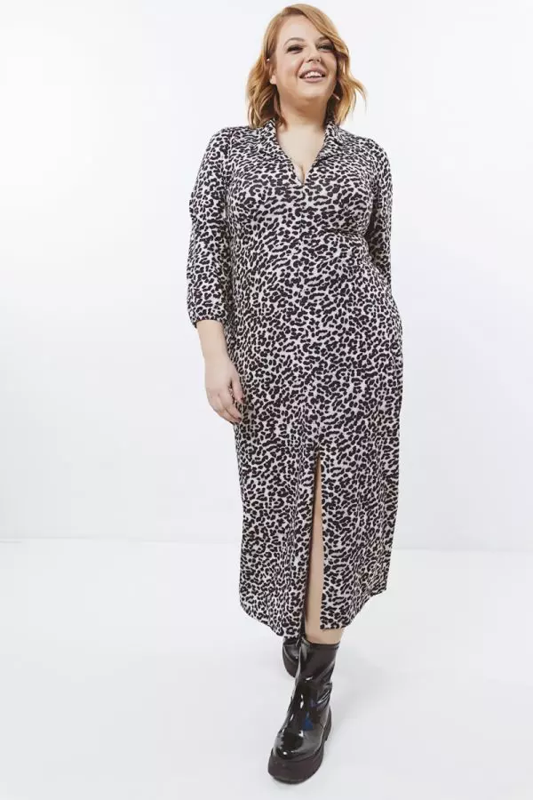 Midi φόρεμα με άνοιγμα μπροστά σε leopard χρώμα