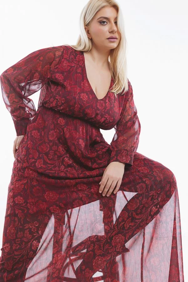 Maxi εμπριμέ φόρεμα με lurex σε κόκκινο χρώμα