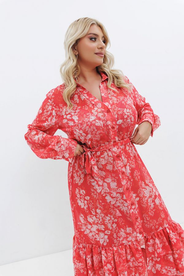  Maxi floral σεμιζιέτα με βολάν στο τελείωμα σε κοραλλί χρώμα
