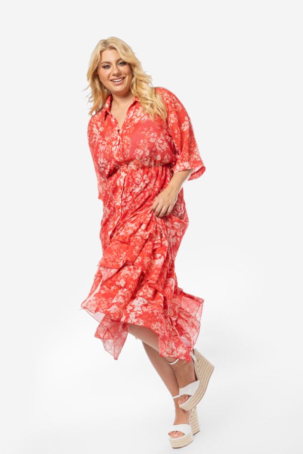  Maxi floral σεμιζιέτα με βολάν στο τελείωμα σε κοραλλί χρώμα