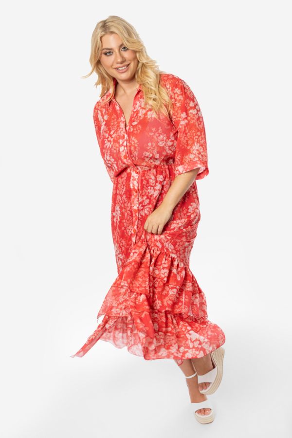  Maxi floral σεμιζιέτα με βολάν στο τελείωμα σε κοραλλί χρώμα