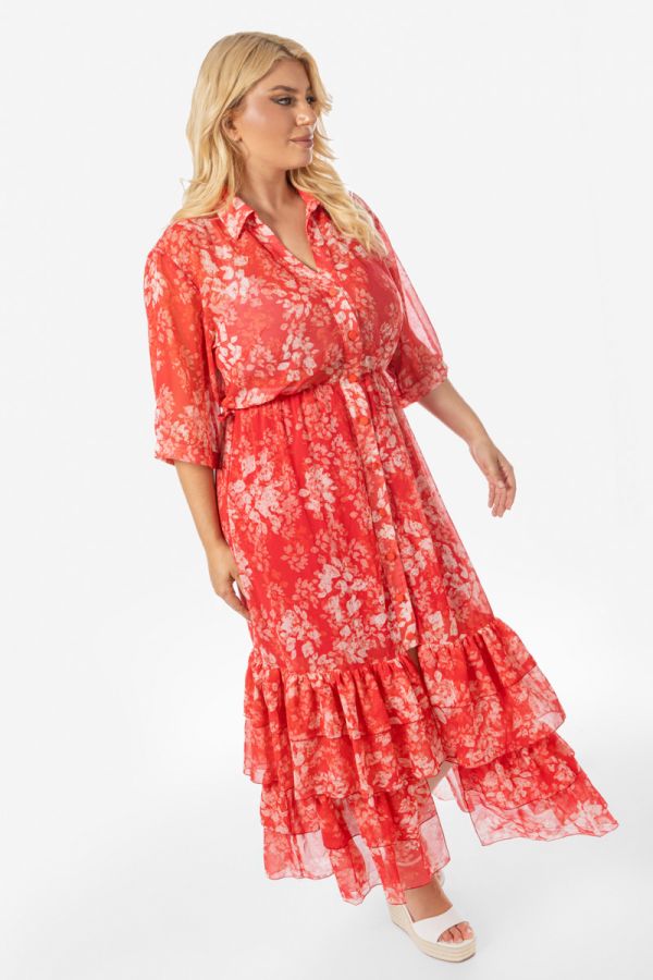  Maxi floral σεμιζιέτα με βολάν στο τελείωμα σε κοραλλί χρώμα