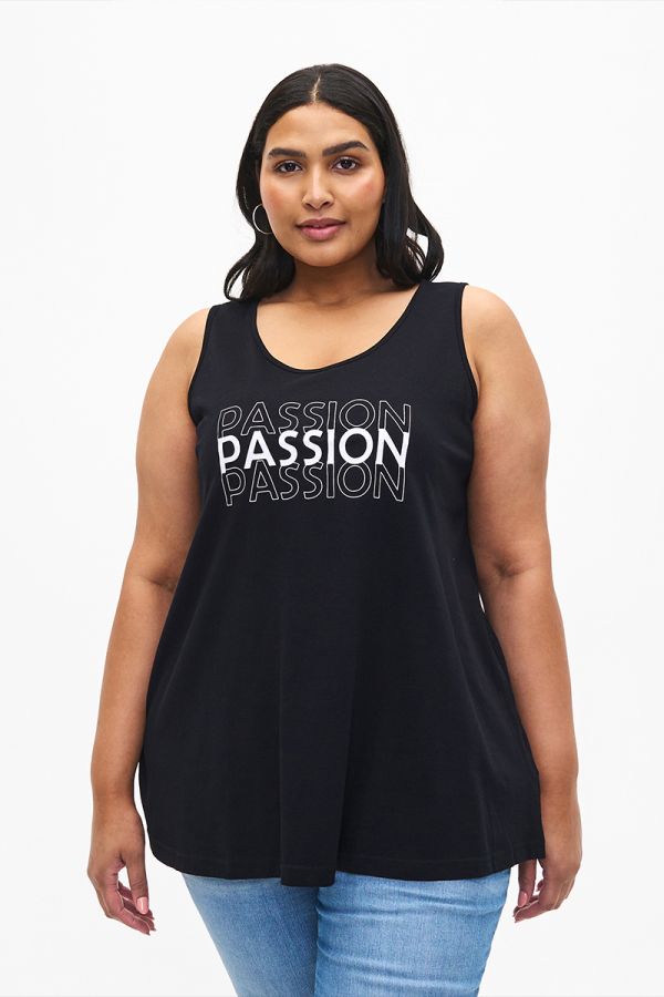 Αμάνικη ελαστική μπλούζα με τύπωμα 'passion' σε μαύρο χρώμα