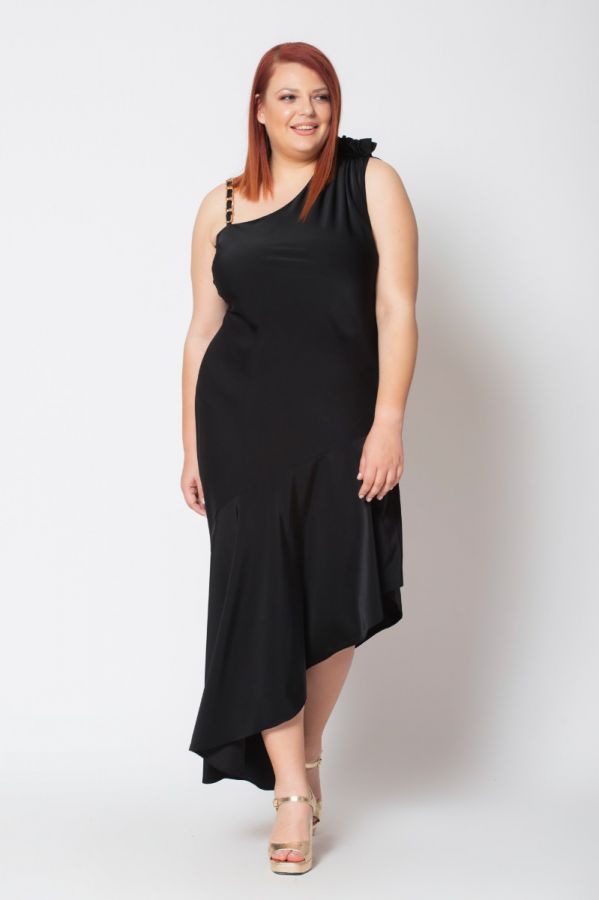 Ασύμμετρο φόρεμα με αλυσίδα στην τιράντα σε μαύρο χρώμα 
