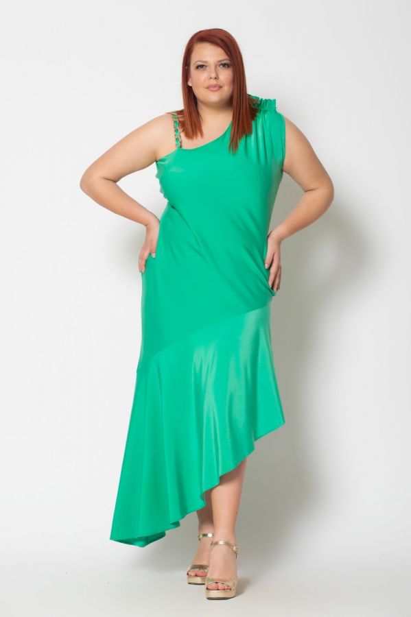 Ασύμμετρο φόρεμα με αλυσίδα στην τιράντα σε πράσινο χρώμα 