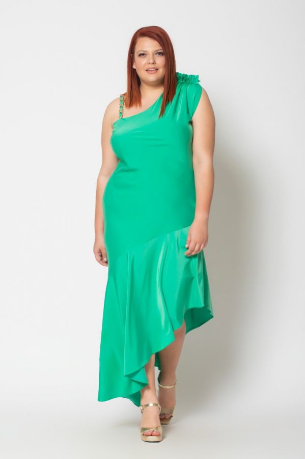 Ασύμμετρο φόρεμα με αλυσίδα στην τιράντα σε πράσινο χρώμα 