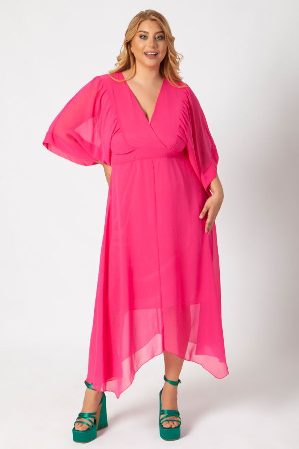 Ασύμμετρο κρουαζέ φόρεμα με μουσελίνα σε φουξ χρώμα