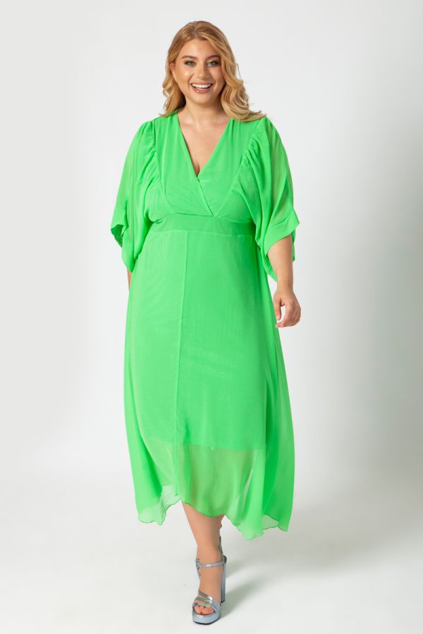 Ασύμμετρο κρουαζέ φόρεμα με μουσελίνα σε λαχανί χρώμα