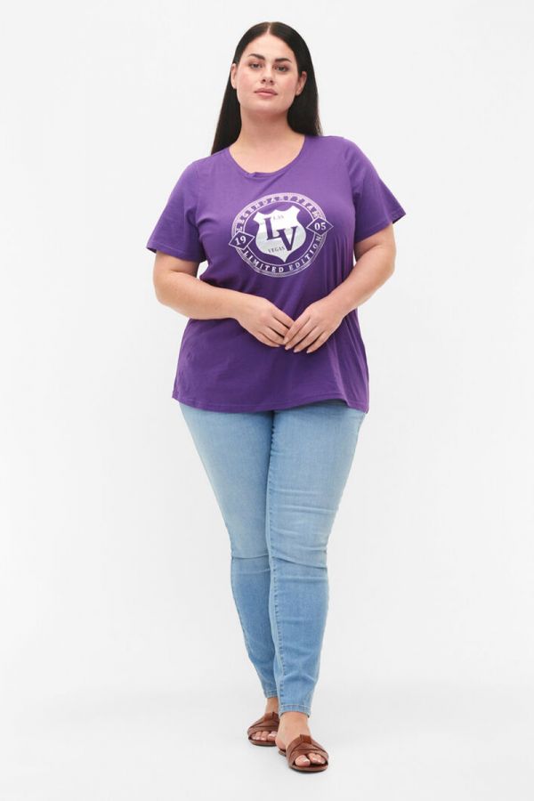 Cotton t-shirt με ασημί τύπωμα σε μωβ χρώμα
