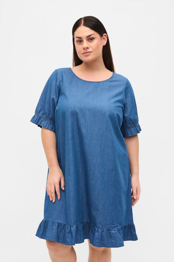 Denim φόρεμα με βολάν λεπτομέρειες σε denim blue χρώμα 