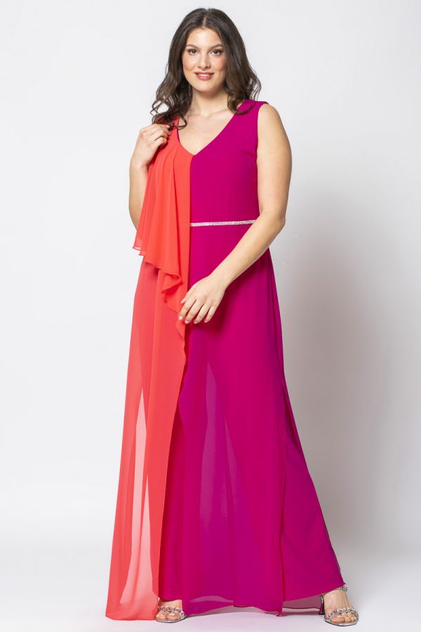 Δίχρωμη ολόσωμη φόρμα με στρας στη μέση από ζορζέτα σε φούξια χρώμα.