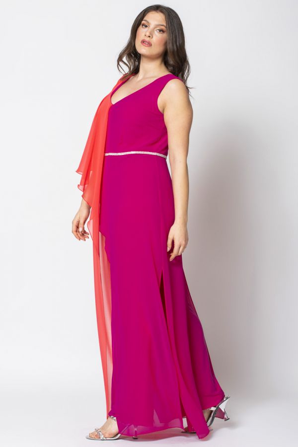 Δίχρωμη ολόσωμη φόρμα με στρας στη μέση σε φούξια χρώμα