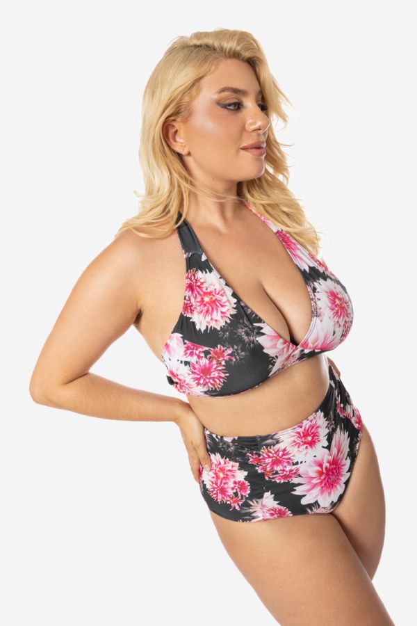 Floral bikini-top με δέσιμο στο λαιμό σε μαύρο/ροζ χρώμα