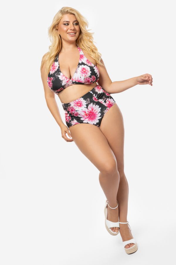Floral bikini-top με δέσιμο στο λαιμό σε μαύρο/ροζ χρώμα