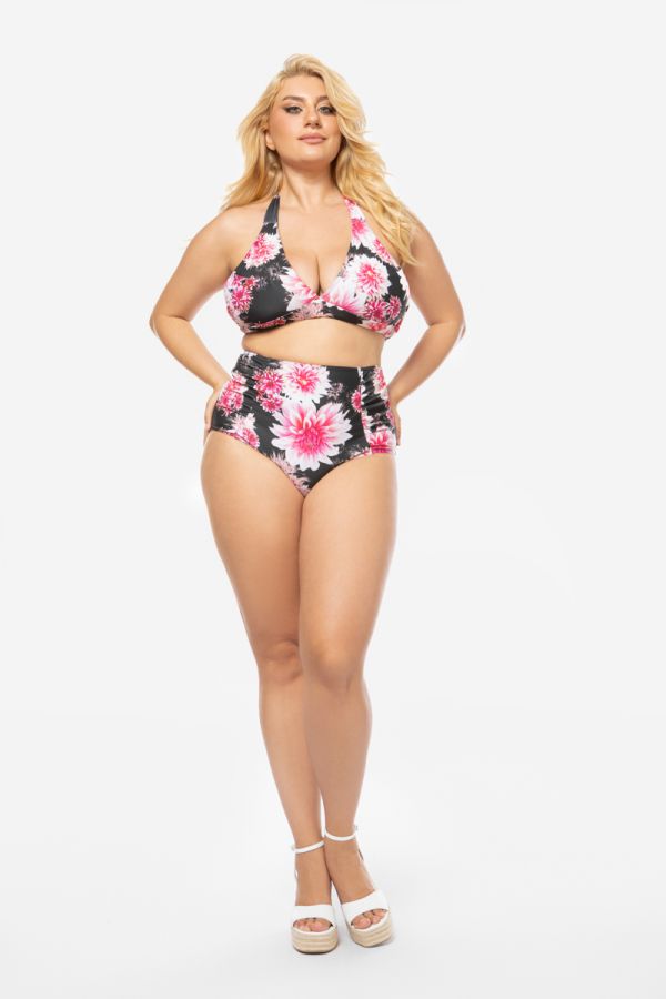 Floral bikini-top με δέσιμο στο λαιμό σε μαύρο/ροζ χρώμα