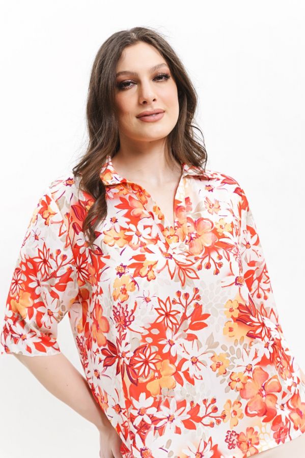 Floral hi-lo μπλούζα με γιακά σε κοραλλί χρώμα
