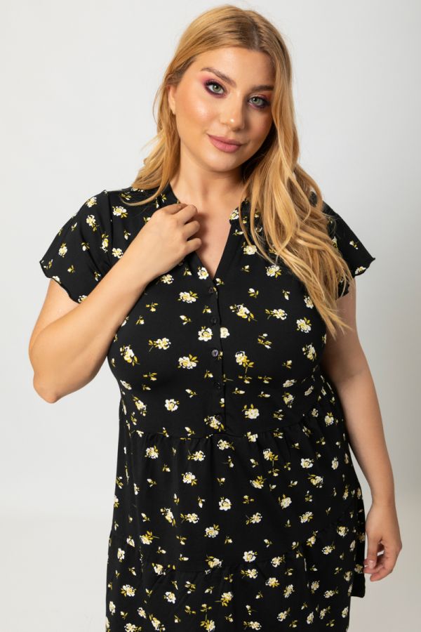 Floral μπλουζοφόρεμα με κουμπιά σε μαύρο/κίτρινο χρώμα 