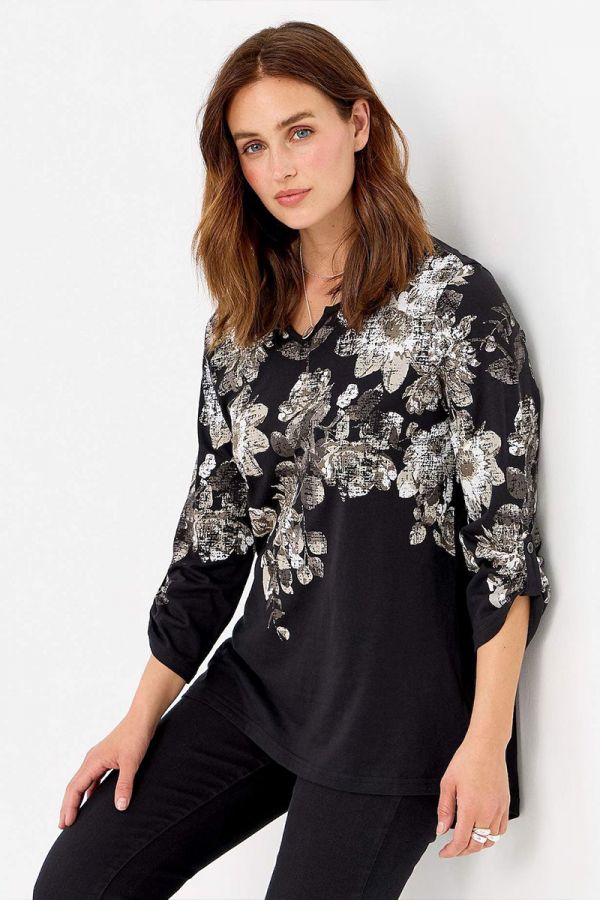 Floral βαμβακερή μπλούζα σε μαύρο/εκρού χρώμα