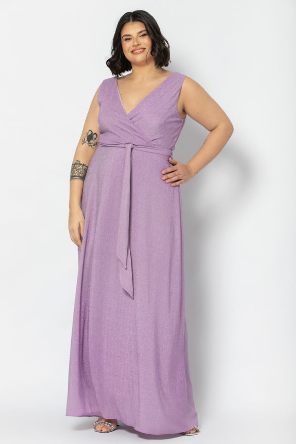 Maxi κρουαζέ φόρεμα με glitter σε λιλά χρώμα 1xl 2xl 3xl 4xl 5xl 
