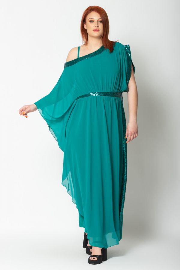 Φόρεμα από μουσελίνα με έξω τον ώμο και παγιέτες σε πράσινο χρώμα
