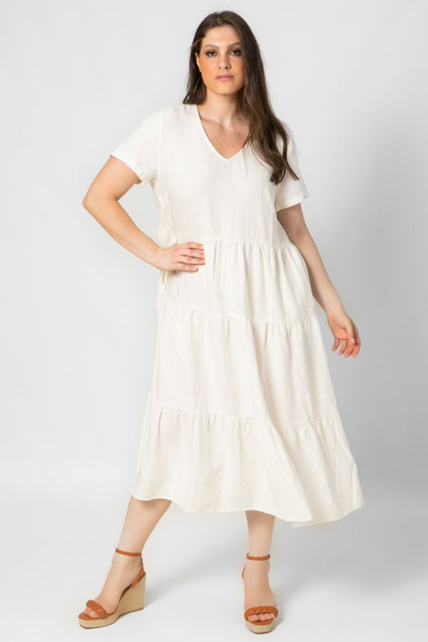 Midi λινό φόρεμα με τσέπες σε λευκό χρώμα
