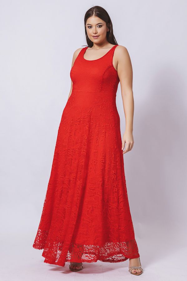 Φόρεμα με δαντέλα και ανοιχτή πλάτη σε κόκκινο χρώμα
