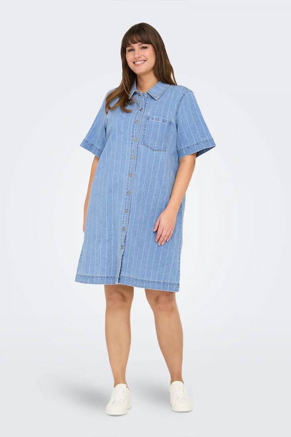 Denim ριγέ φόρεμα με τσέπη σε denim light blue χρώμα
