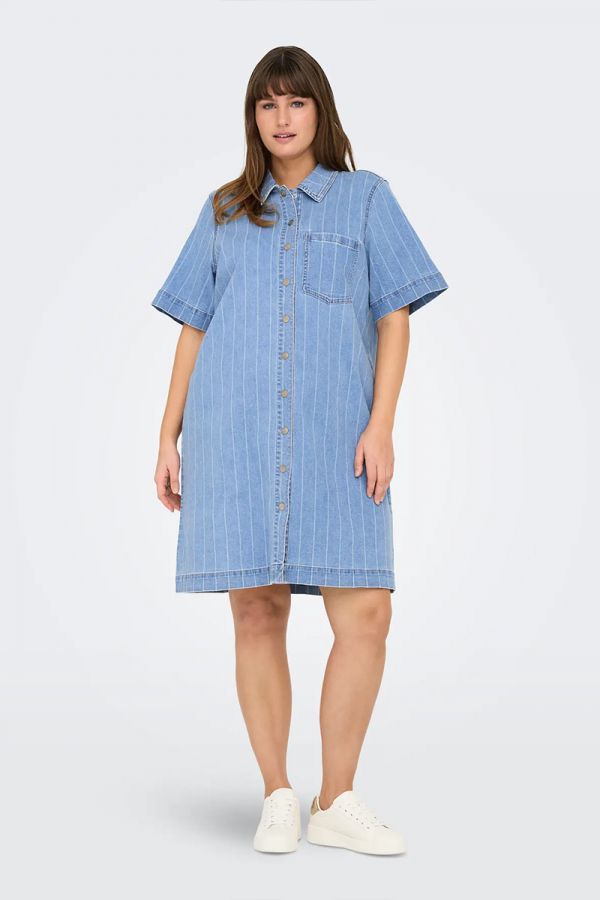 Denim ριγέ φόρεμα με τσέπη σε denim light blue χρώμα