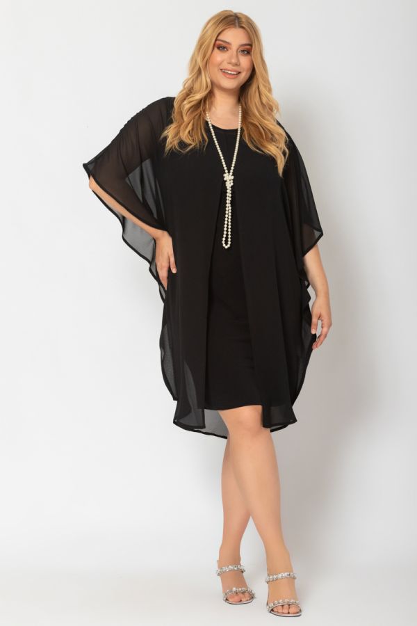 Midi διπλό φόρεμα με μουσελίνα σε μαύρο χρώμα