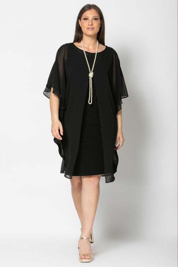Midi διπλό φόρεμα με κολιέ από πέρλες σε μαύρο χρώμα 1xl,2xl,3xl,4xl,5xl,