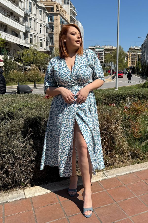 Κρουαζέ φόρεμα με 3/4 μανίκι σε λευκό/τυρκουάζ χρώμα
