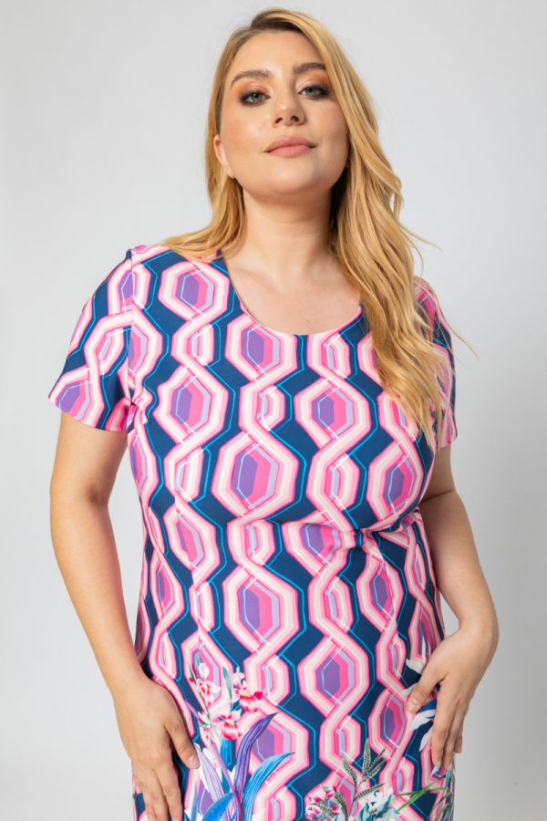 Midi φόρεμα με print σε ροζ χρώμα 1xl 2xl 3xl 4xl 5xl 
