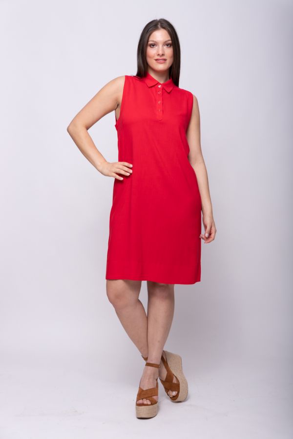 Mini αμάνικο λινό φόρεμα με γιακά σε κόκκινο χρώμα