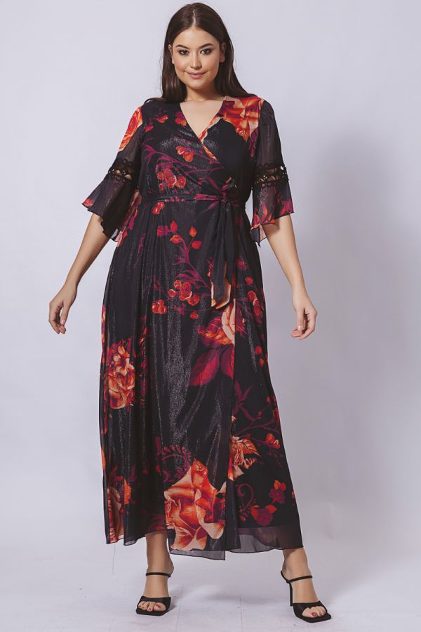 Floral κρουαζέ φόρεμα με lurex σε μαύρο χρώμα