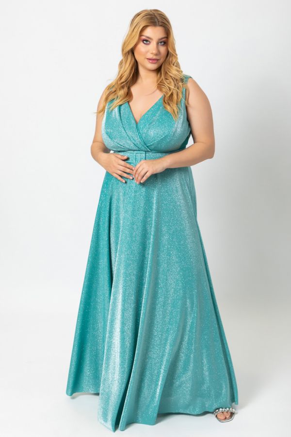 Maxi κρουαζέ φόρεμα με glitter και ζώνη σε σιέλ χρώμα