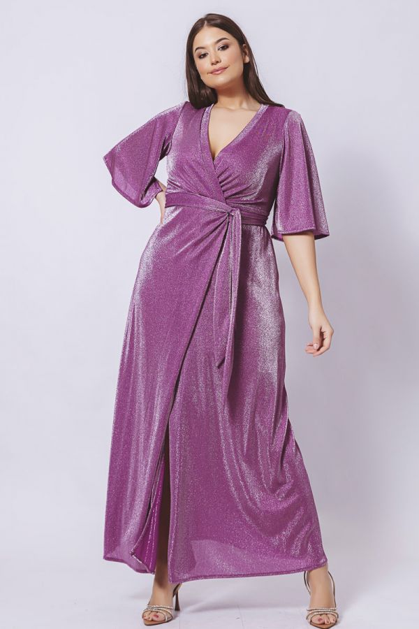 Maxi κρουαζέ φόρεμα με glitter σε magenta χρώμα