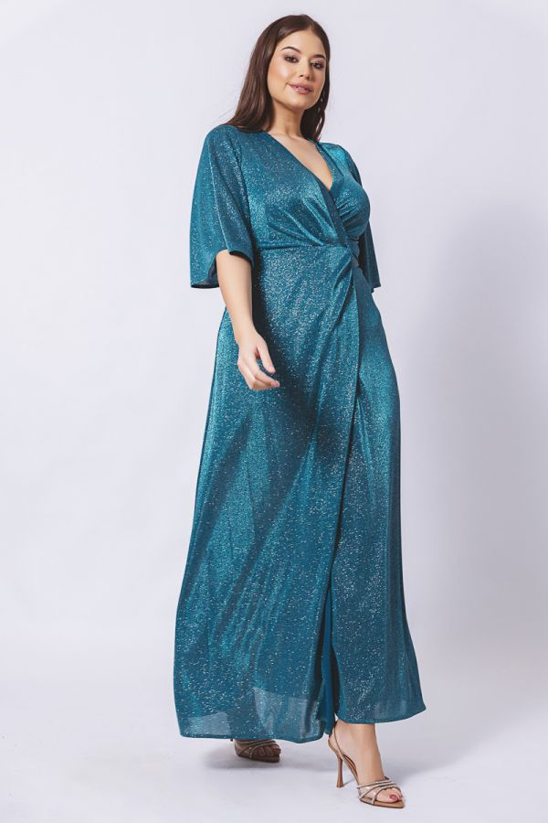 Maxi κρουαζέ φόρεμα με glitter σε πετρόλ χρώμα