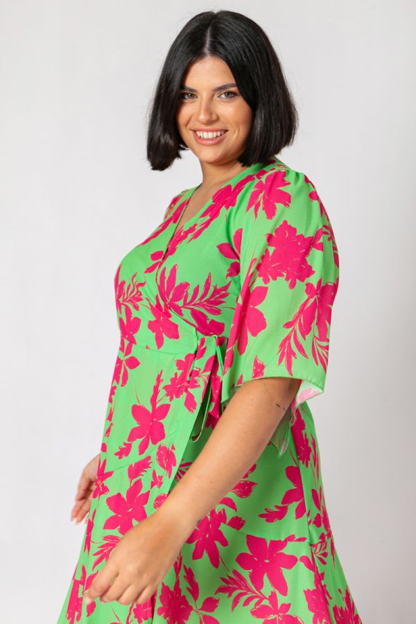 Midi floral κρουαζέ φόρεμα με βολάν σε φουξ/πράσινο χρώμα