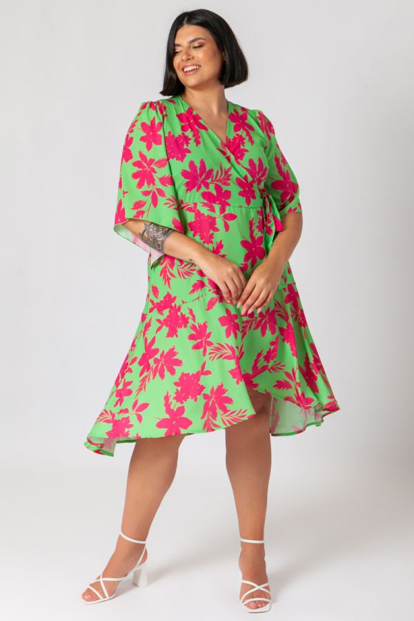Midi floral κρουαζέ φόρεμα με βολάν σε φουξ/πράσινο χρώμα