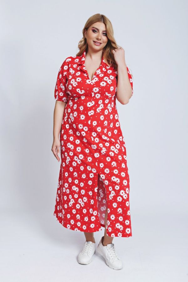 Maxi floral φόρεμα με άνοιγμα μπροστά σε λευκό/κόκκινο χρώμα 1xl 2xl 3lx 4xl 5xl 