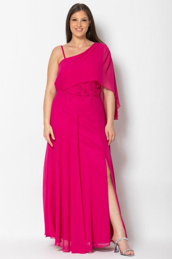 Φόρεμα μακρύ με κέντημα στη μέση σε φούξια χρώμα