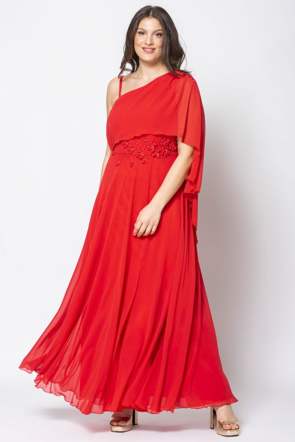 Φόρεμα μακρύ με κέντημα στη μέση σε κόκκινο χρώμα