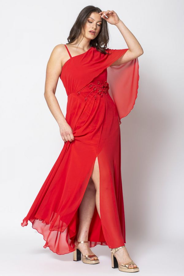 Φόρεμα μακρύ με κέντημα στη μέση σε κόκκινο χρώμα