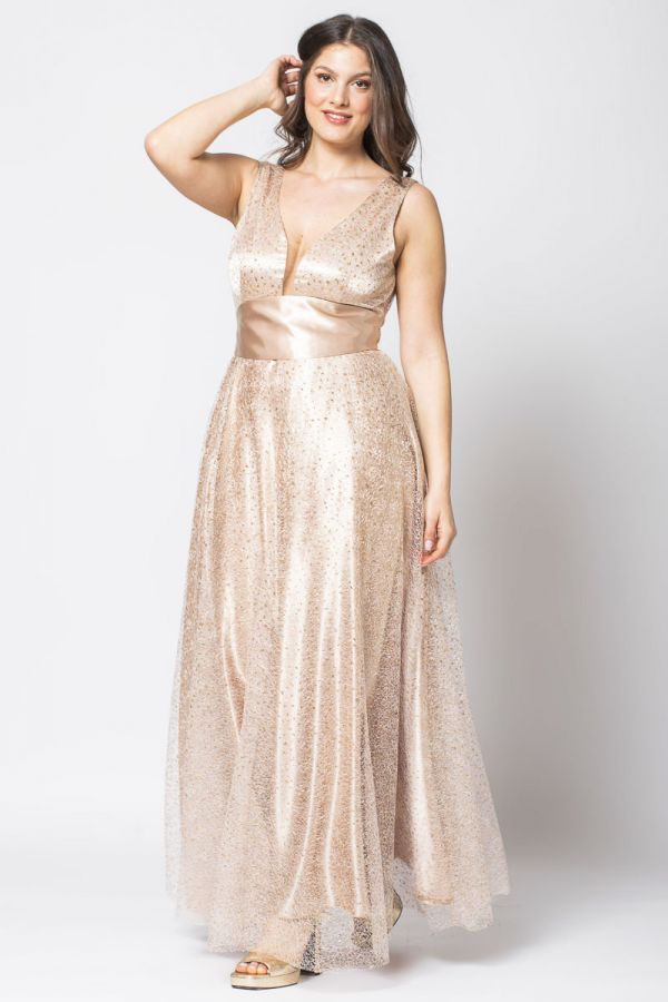 Φόρεμα μακρύ με ζώνη σε χρυσό χρώμα