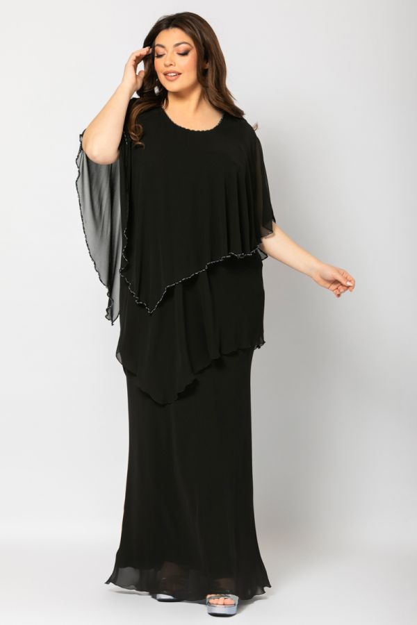 Φόρεμα maxi με τριπλό βολάν και χάντρες σε μαύρο χρώμα 1xl 2xl 3xl 4xl 5xl 