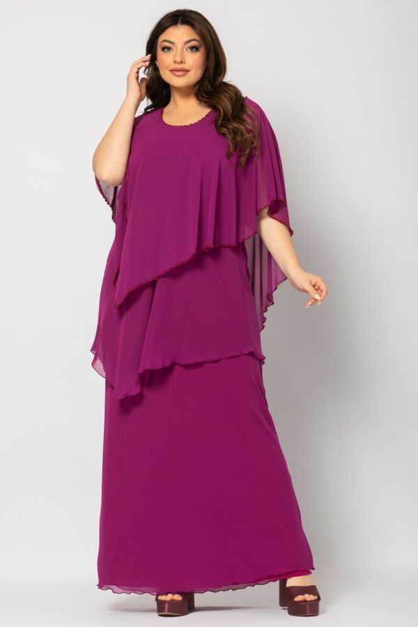 Φόρεμα maxi με τριπλό βολάν και χάντρες σε μωβ χρώμα 1xl 2xl 3xl 4xl 5xl 